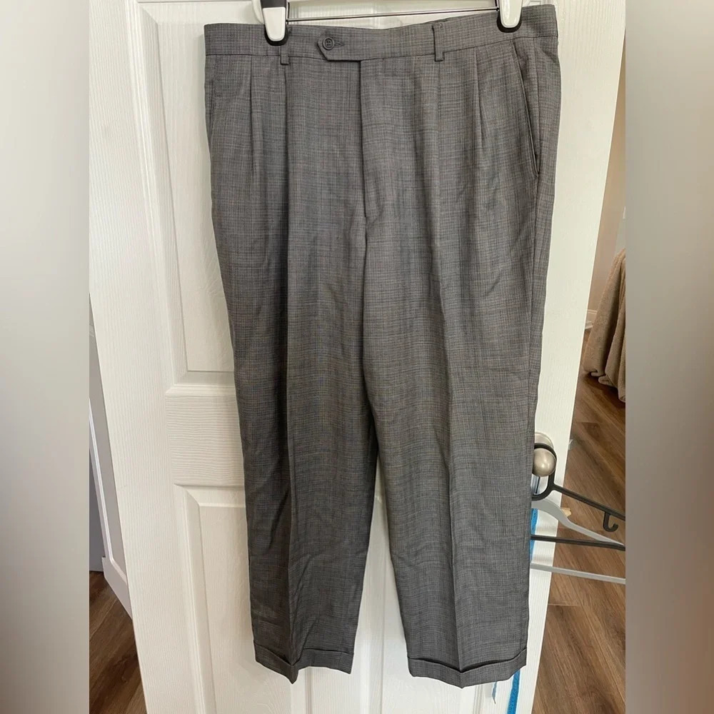T. Harris London Men’s 38x30Houndstooth Dress Pants 100% Wool Gray Blue Plaid